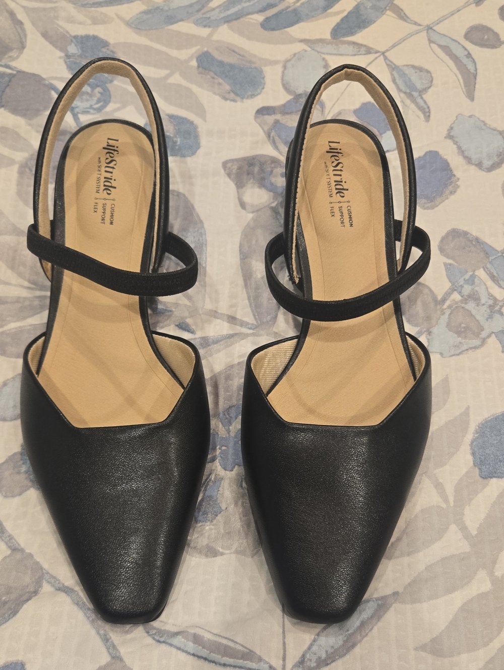 Life Stride Black Pointed Toe Slingback Flats with Ankle Strap